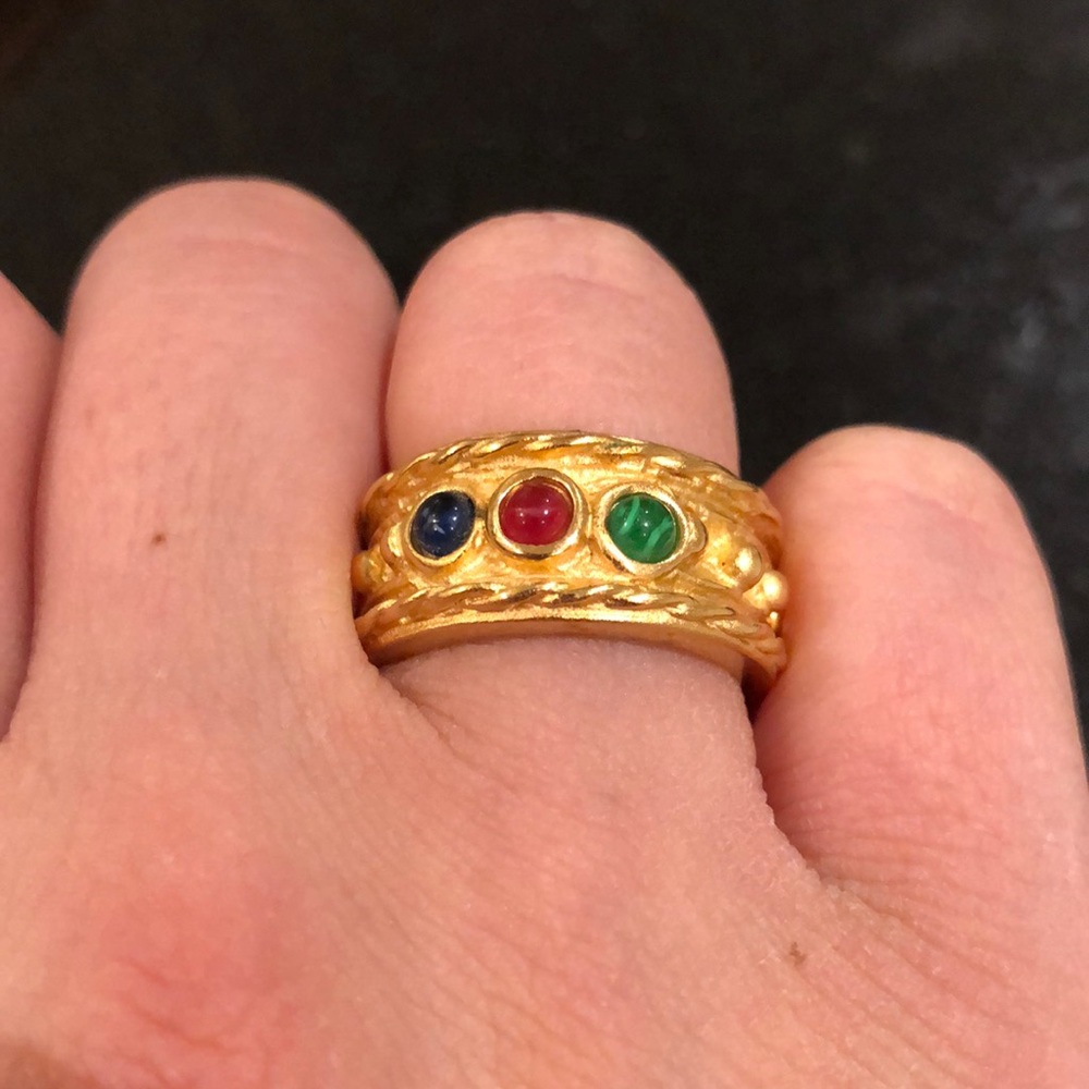 Gold Ring with Red, Blue & Green Tri-color Cabochon Like Stones Costume Jewelry